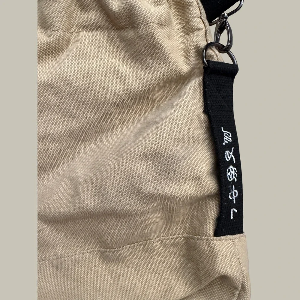 Tan Canvas Drawstring Crossbody Bag Mountain Sun Embroidery Gorpcore Streetwear